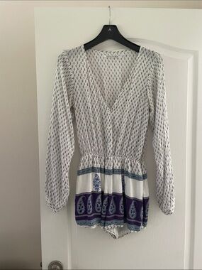 Faithfull the Brand White, Blue and Purple Printed Long Sleeve Bodysuit Romper